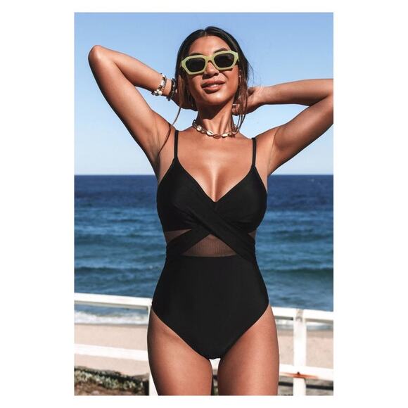 Cupshe Black Forest Adventure Solid Mesh Wrap Front Cutout One Piece Sz.S NWT - Picture 1 of 16